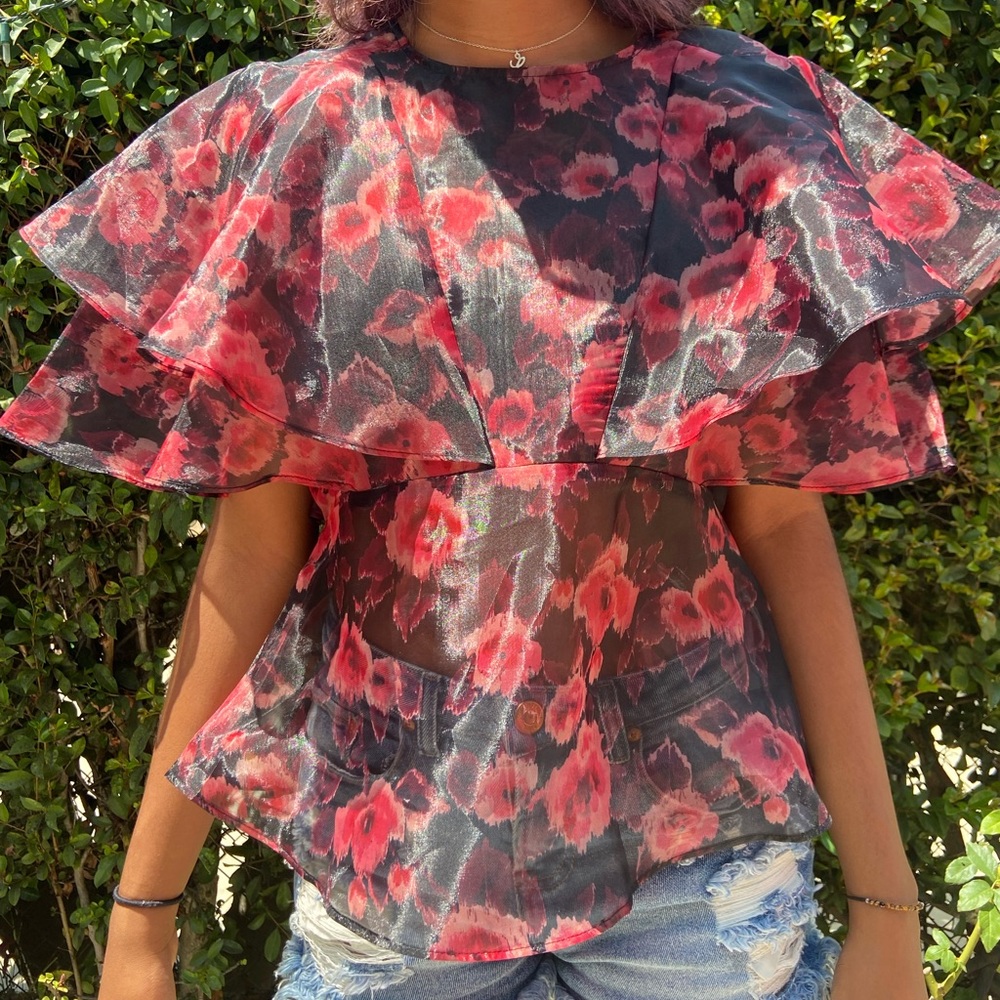 Topshop NWT Floral Print Ruffle Sheer Blouse, Sz 6